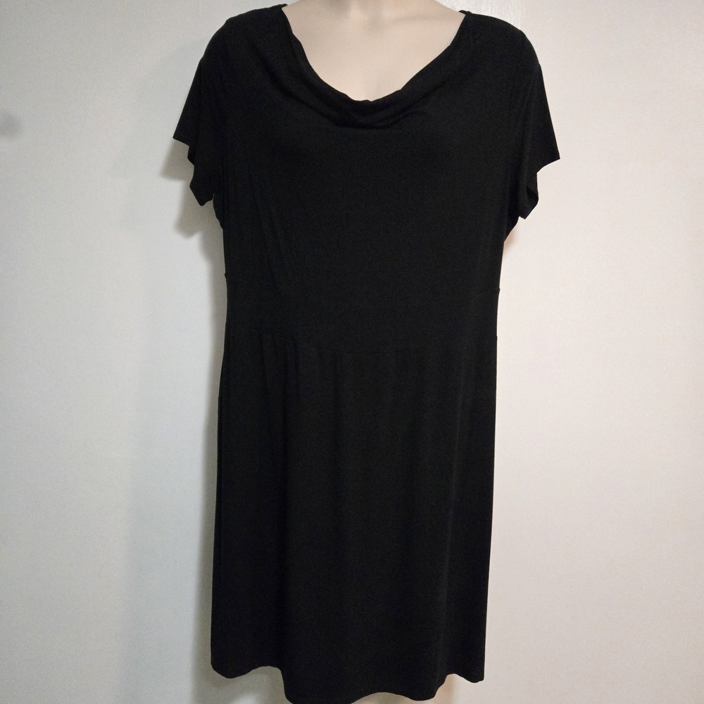 Talbots Petite Sz 2XP Black Drape Neck Dress  Stretch Comfort Knee Length Sheath